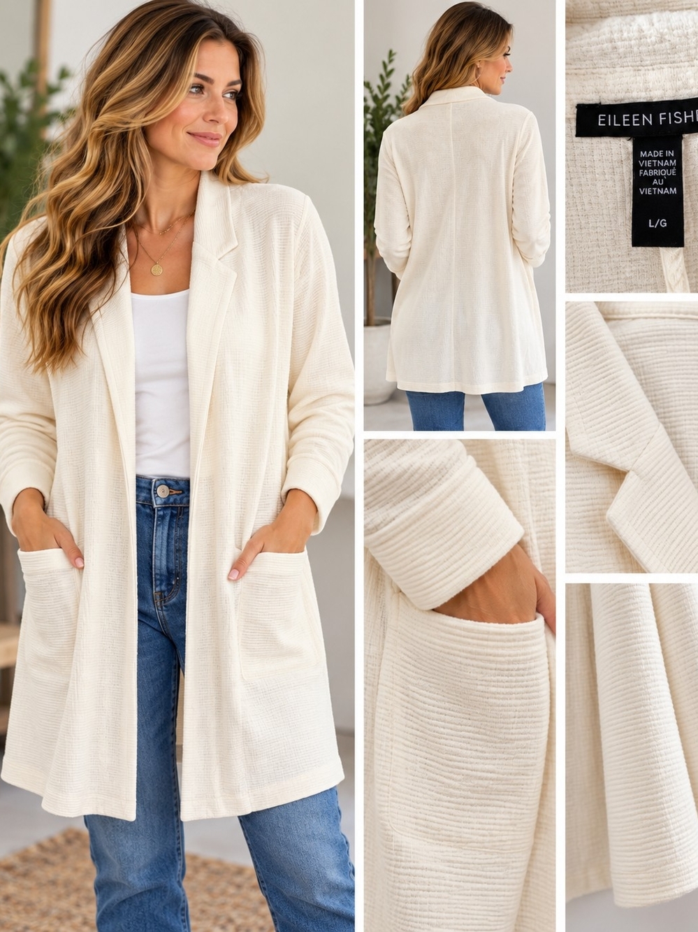 Eileen Fisher Women’s L Ivory Textured Open Front Long Cardigan Jacket Pockets
